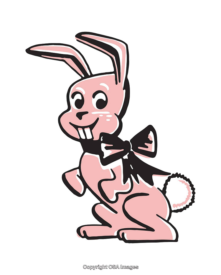 Pink Cartoon Bunny Illustration With Black Bowtie and Cheerful Expression