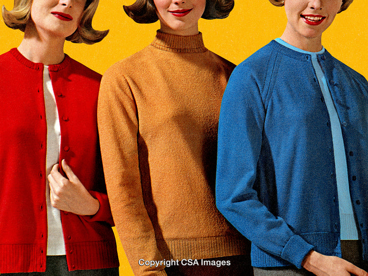 Vintage Advertisement of Women Modeling Colorful Sweaters on a Bright Yellow Background
