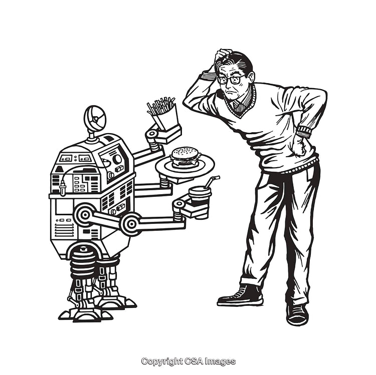Black and White Illustration of Robot Serving Food to a Surprised Man