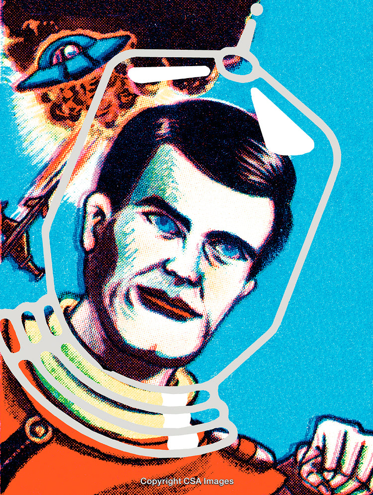 Retro Sci-Fi Illustration of Astronaut with UFO Encounter and Vibrant Background