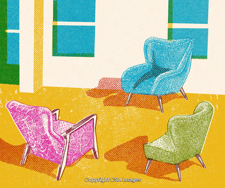 Colorful Chairs Arranged in a Retro Style Halftone Design Interior