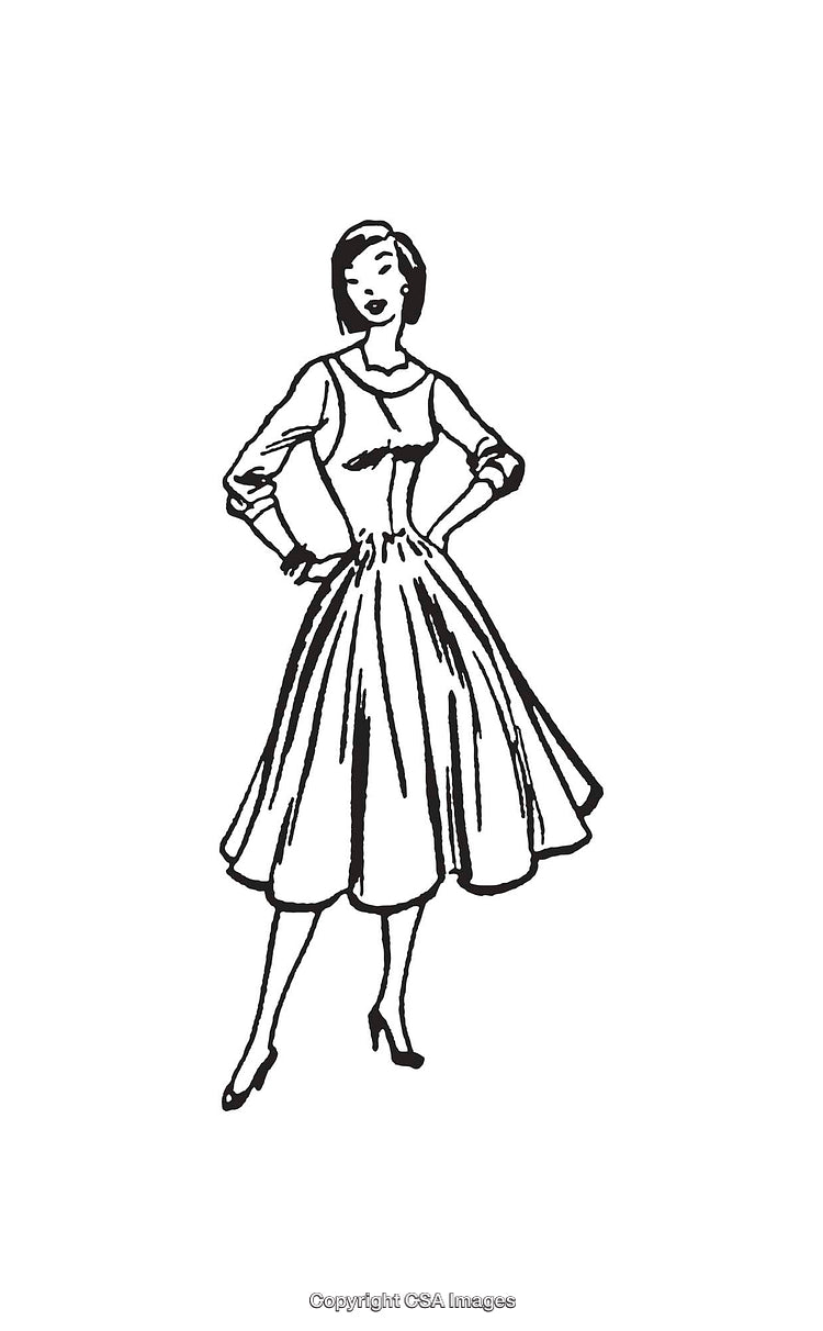 Vintage Line Art Illustration of Elegant Woman in 1950s Attire