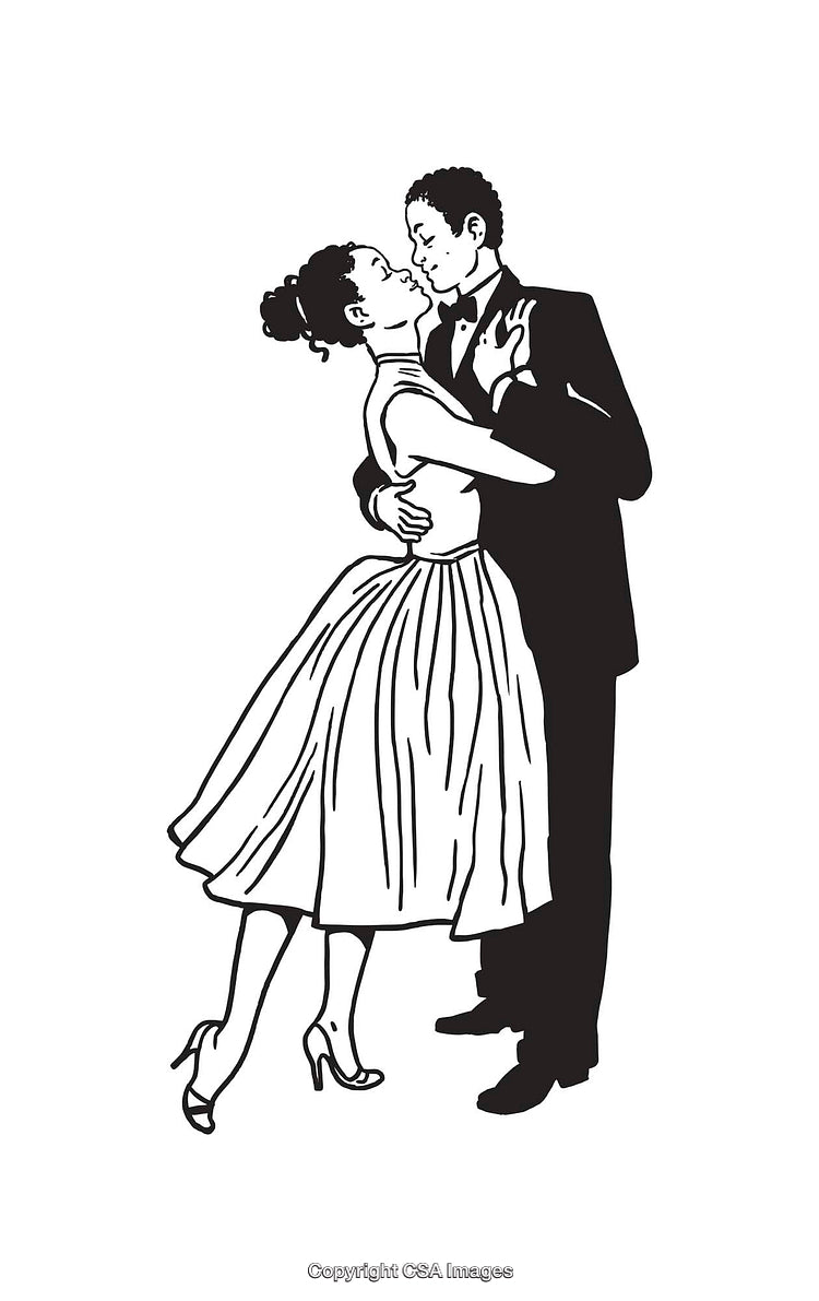 Elegant Dancing Couple in Vintage-Inspired Black and White Line Art