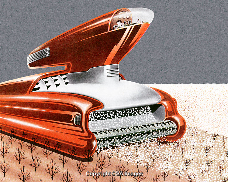 Retro Illustration of Futuristic Cotton Harvest Machine in Action on a Field