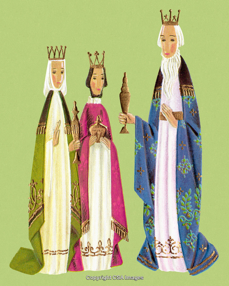 Illustration of Three Kings with Gifts in Traditional Outfits on Green Background