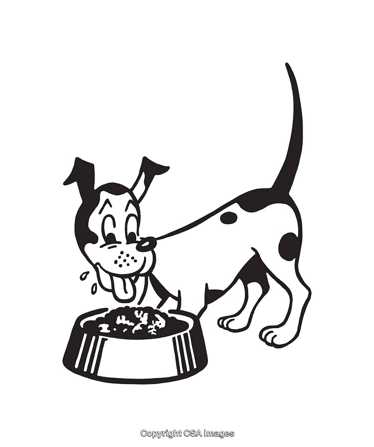 Cute Dog Eating From Bowl in Adorable Black and White Illustration