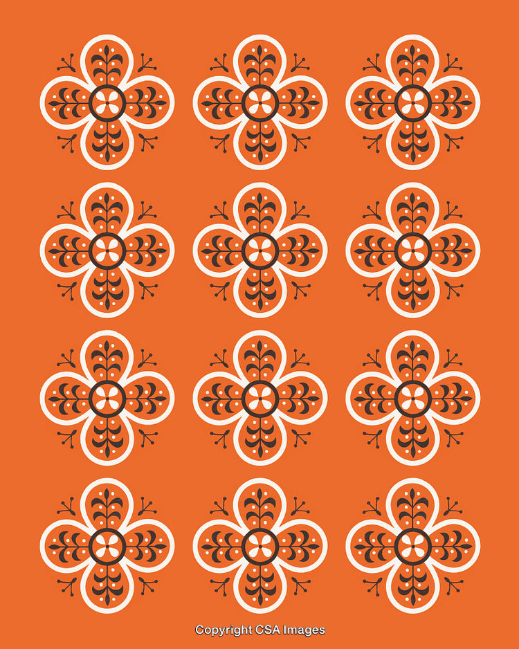 Decorative Orange and Black Geometric Floral Pattern Seamlessly Tiled