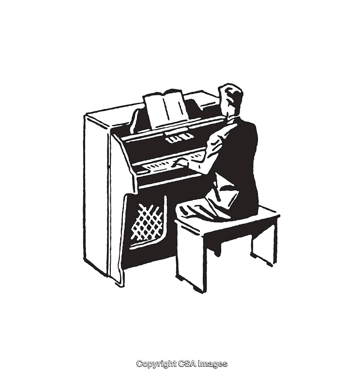 Vintage Black and White Illustration of a Man Playing Piano