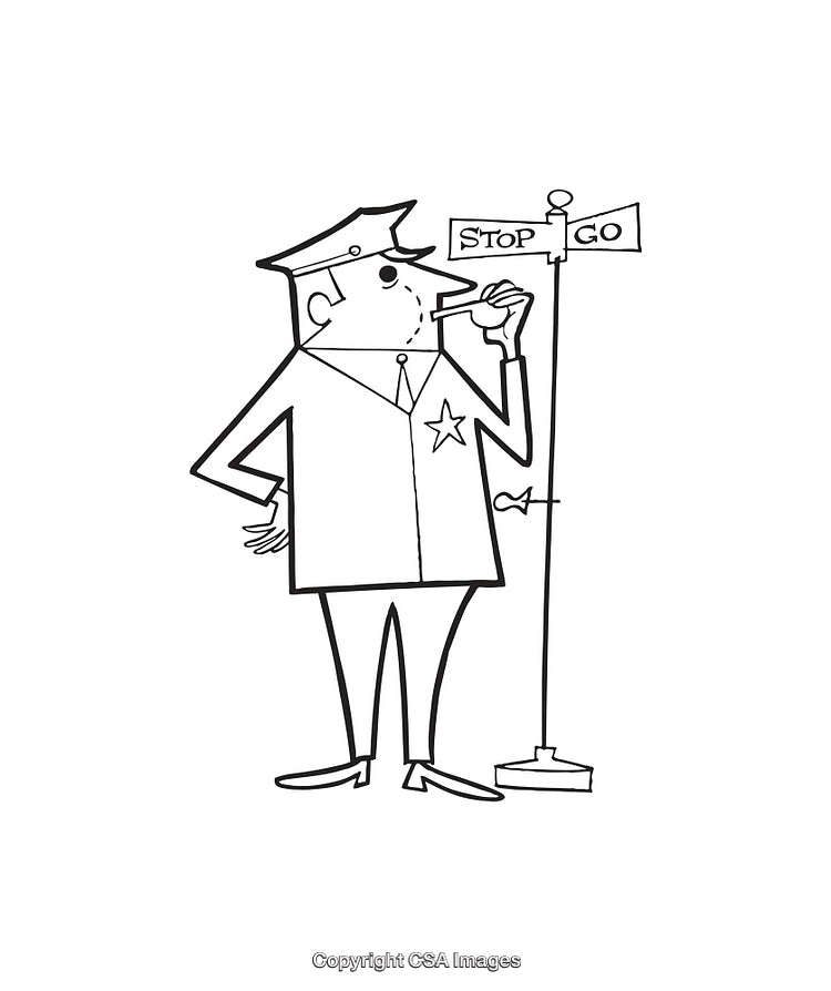 Cartoon Policeman Holding a Stop-Go Sign in Black and White Line Art