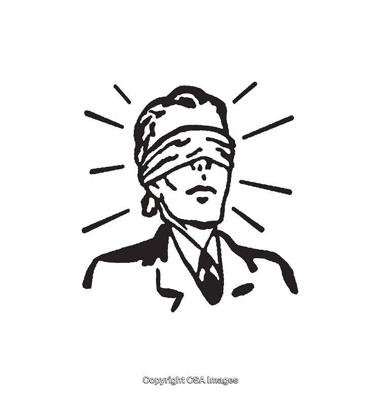 Black and White Line Art of a Blindfolded Person in Formal Attire
