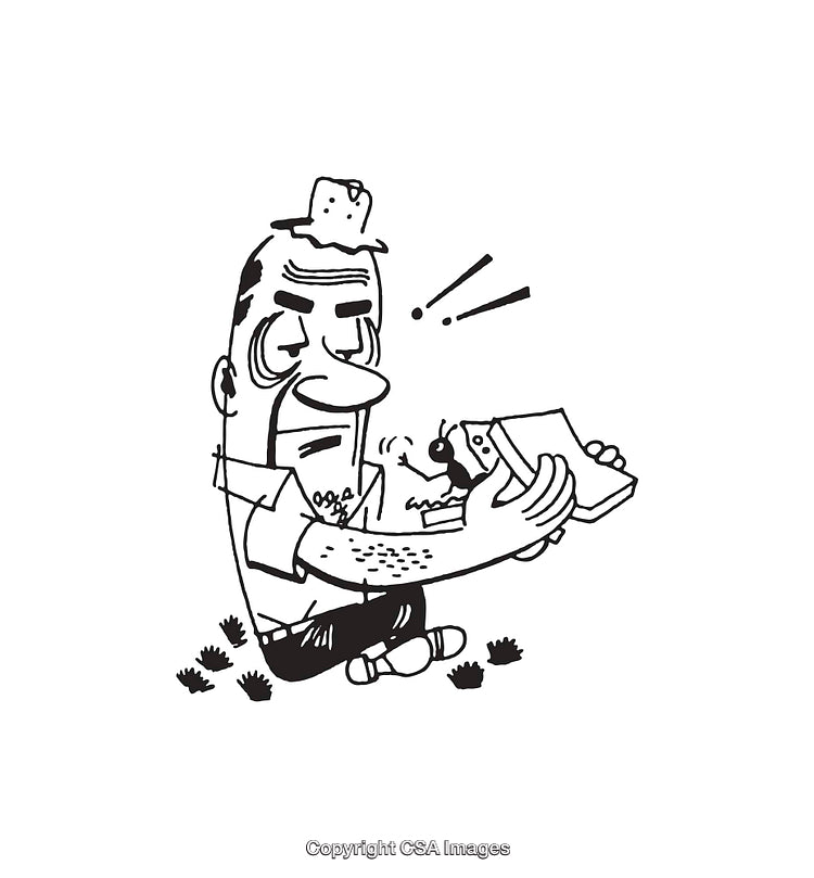 Black and White Cartoon Illustration of Man Reacting to Ant in Sandwich
