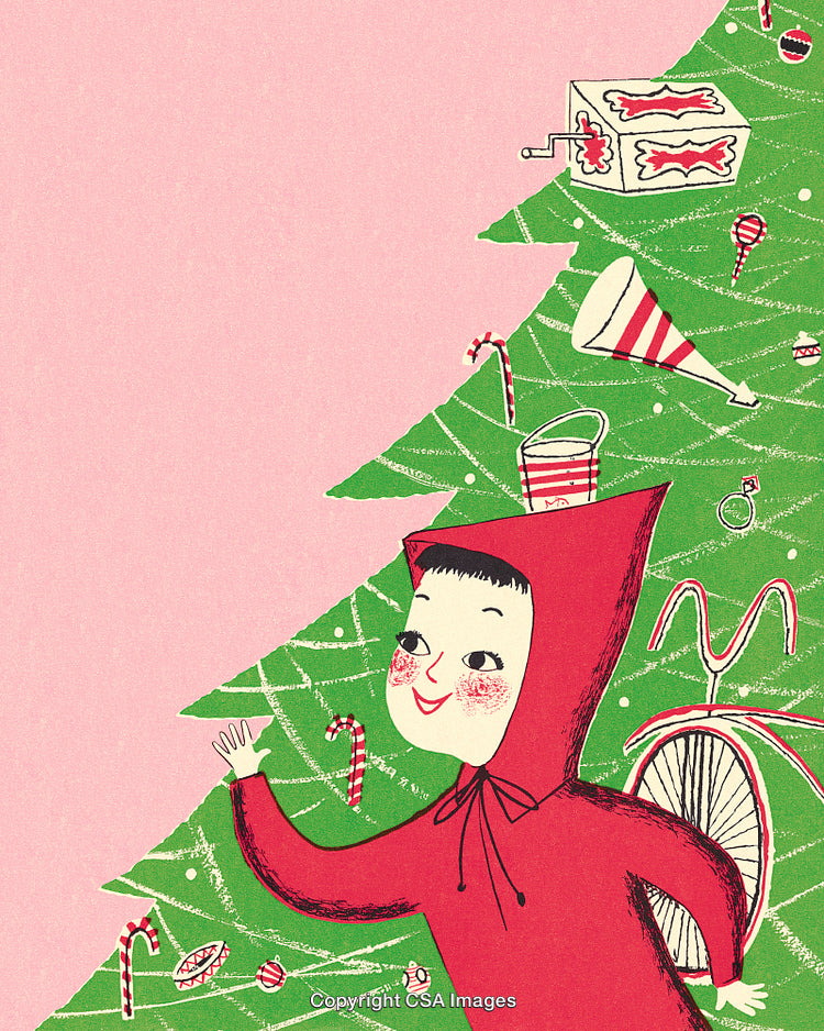Festive Illustration of Holiday Cheer Featuring Child and Decorated Christmas Tree