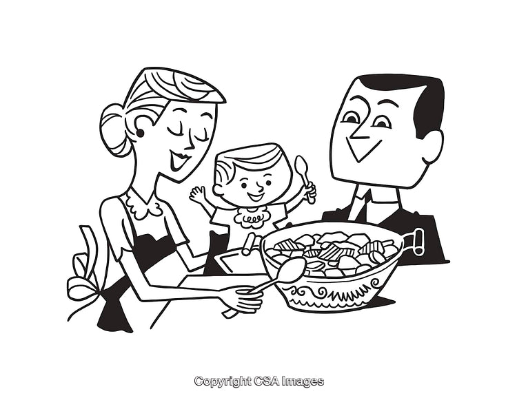 Retro Inspired Line Art of a Family Meal Together