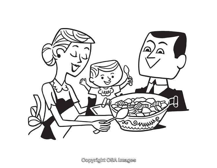 Retro Inspired Line Art of a Family Meal Together