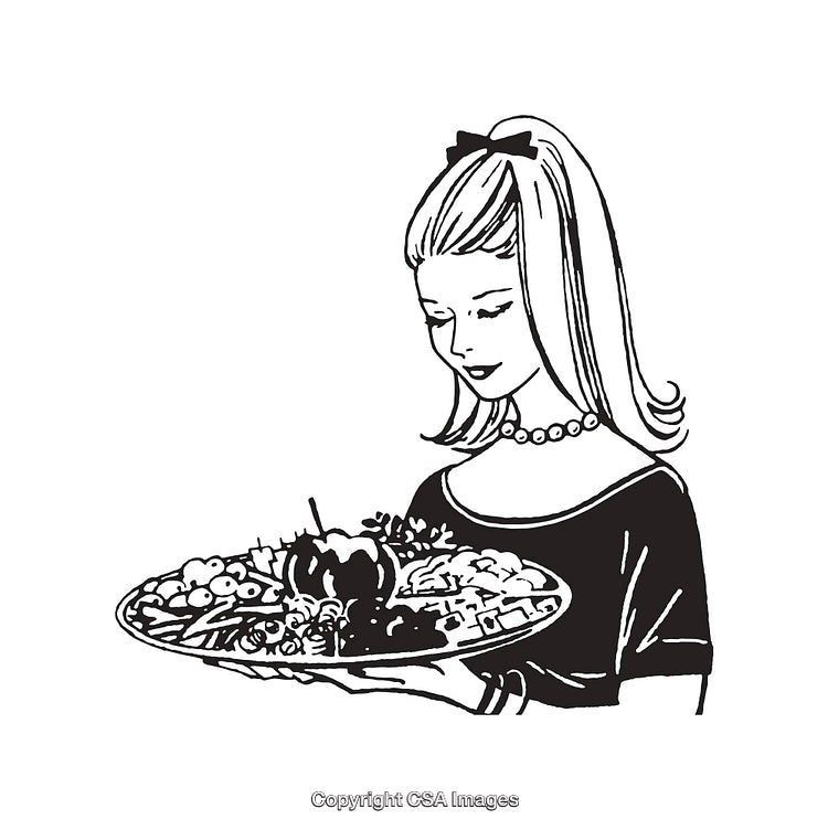 Woman Holding Decorative Tray of Food in Black and White Line Art