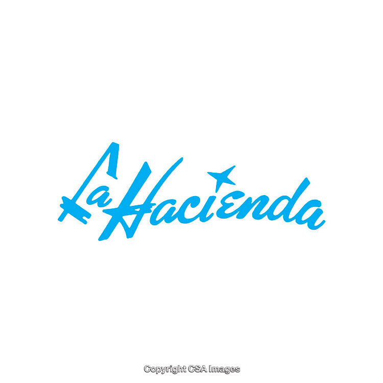 Blue La Hacienda Logo with Elegant Calligraphy and Decorative Elements