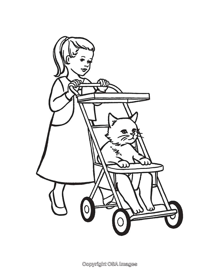 Girl Pushing Cat in a Stroller - Whimsical Black and White Line Art