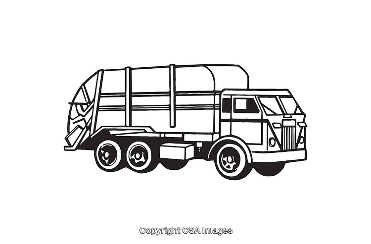 Vector Line Art Illustration of a Garbage Truck in Black and White