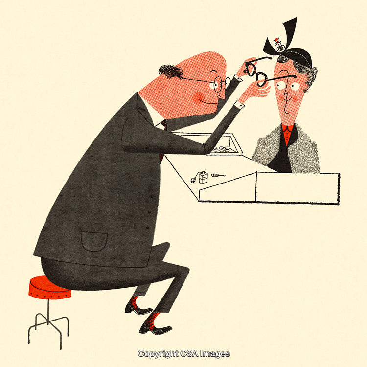 Whimsical Illustration of Man Assisting Woman with Glasses in Vintage Style