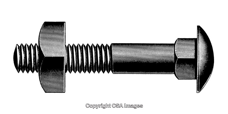 Detailed Black and White Engraving of a Bolt with Nut Profile View