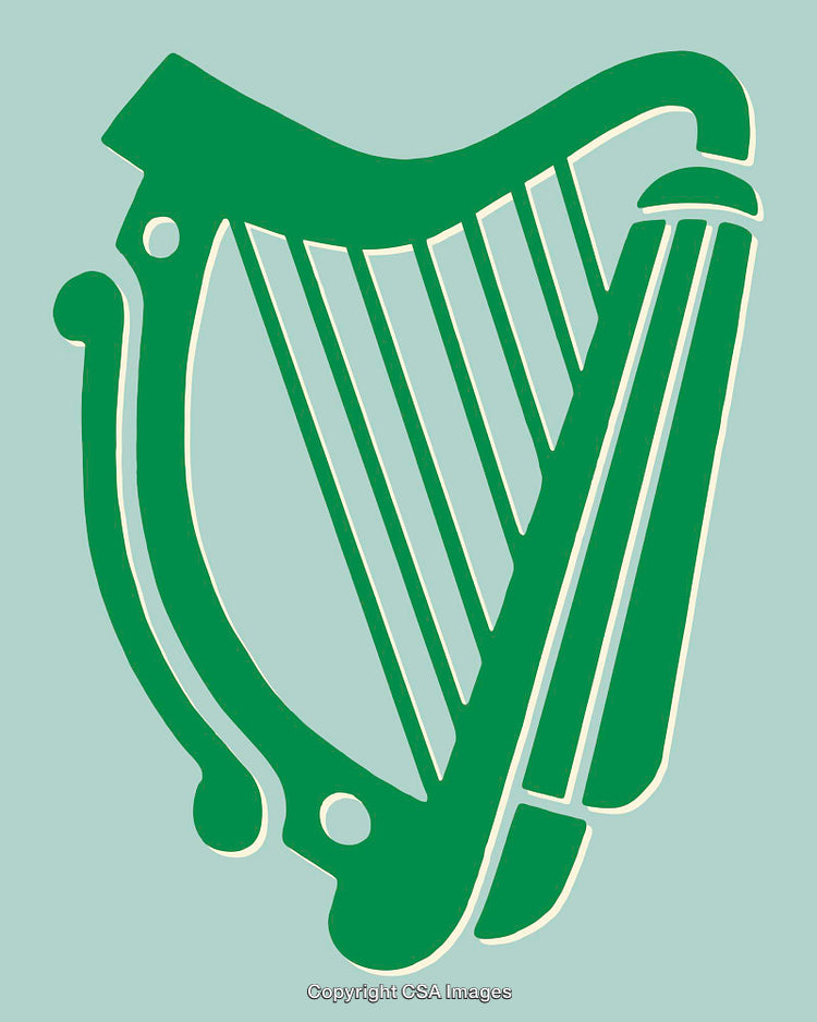 Green Irish Harp Line Art Illustration on Blue Background