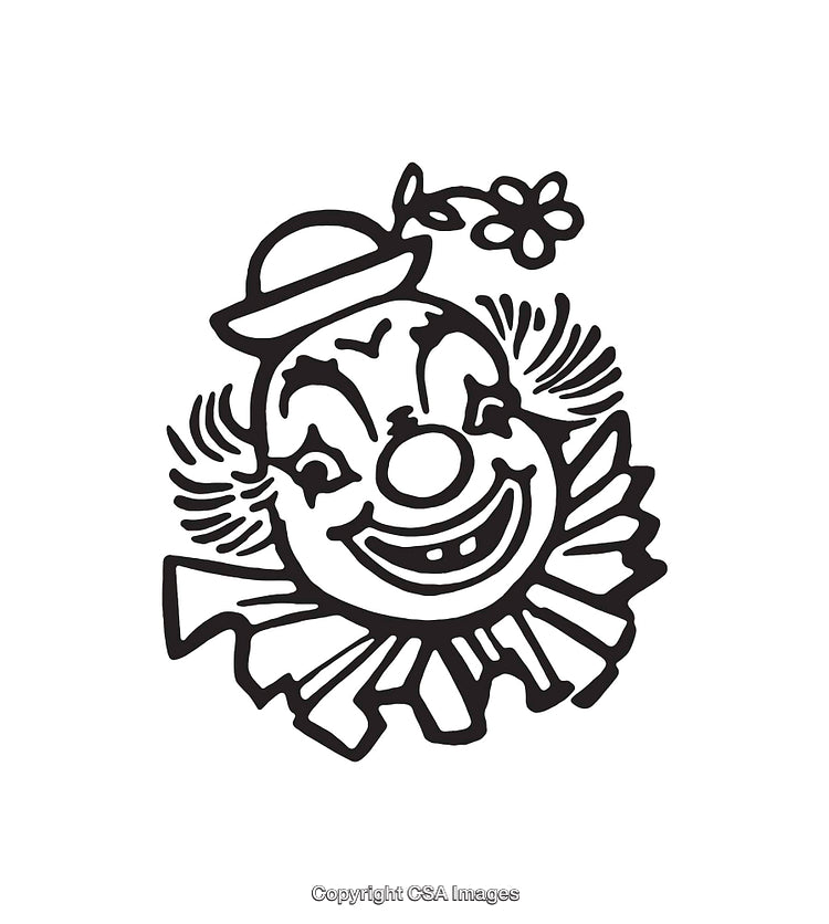 Black and White Illustration of a Smiling Clown Face with Hat
