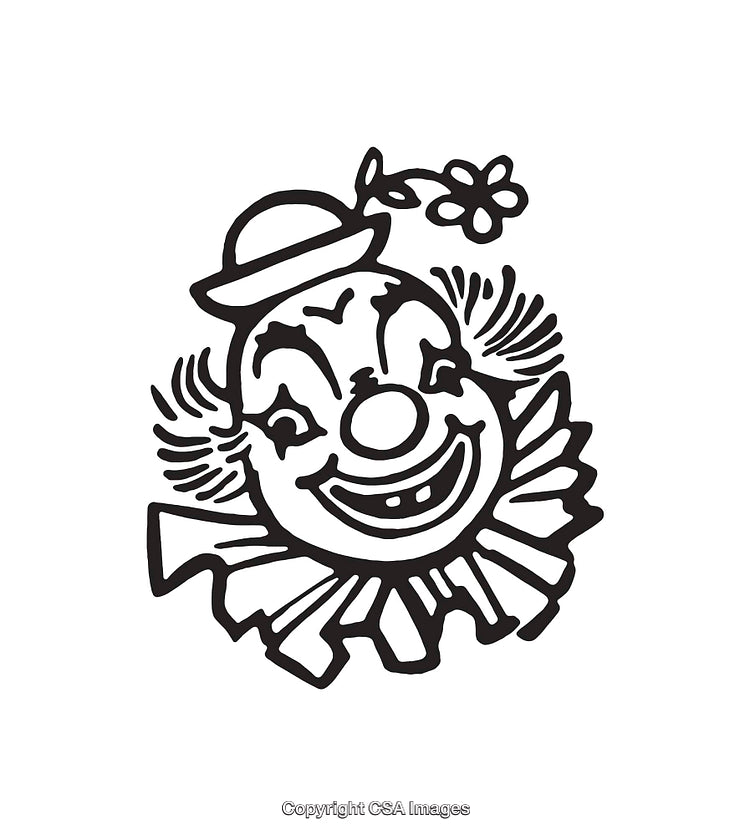 Black and White Illustration of a Smiling Clown Face with Hat