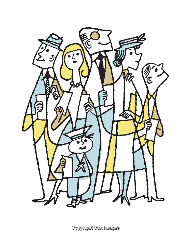 Stylized Color Illustration of Group of People in Retro Design