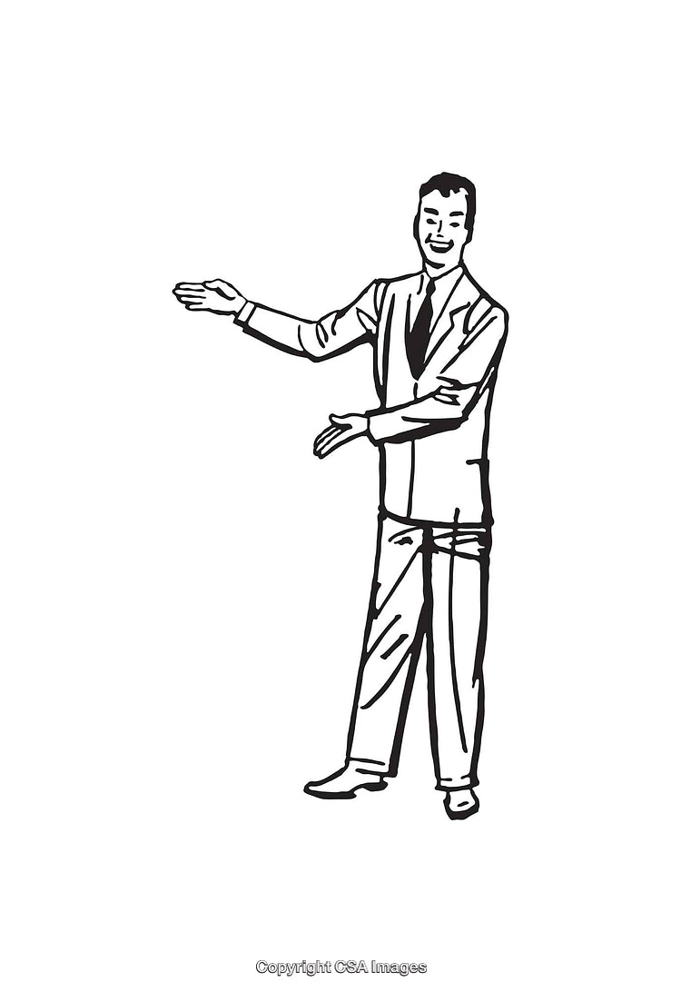 Black and White Illustration of Businessperson Gesture in Line Art Style