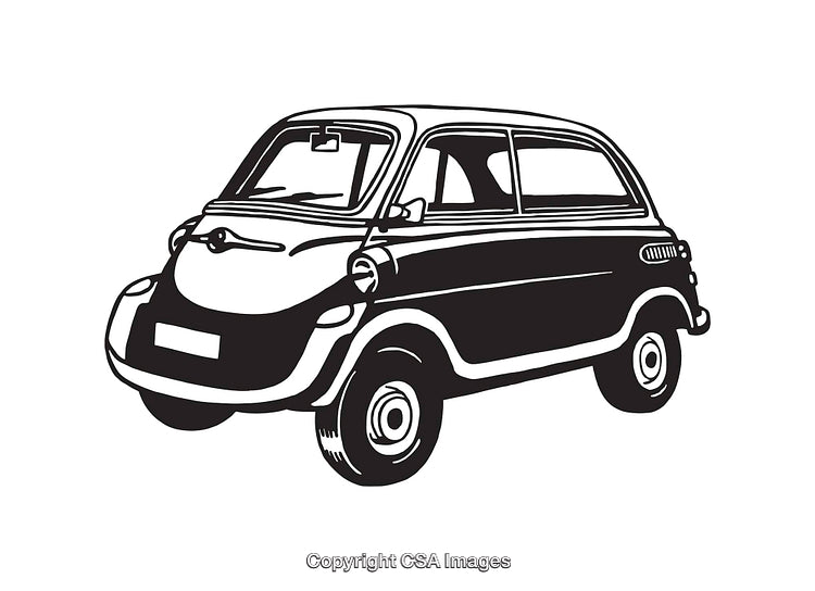 Black and White Line Art Illustration of a Small Vintage Car