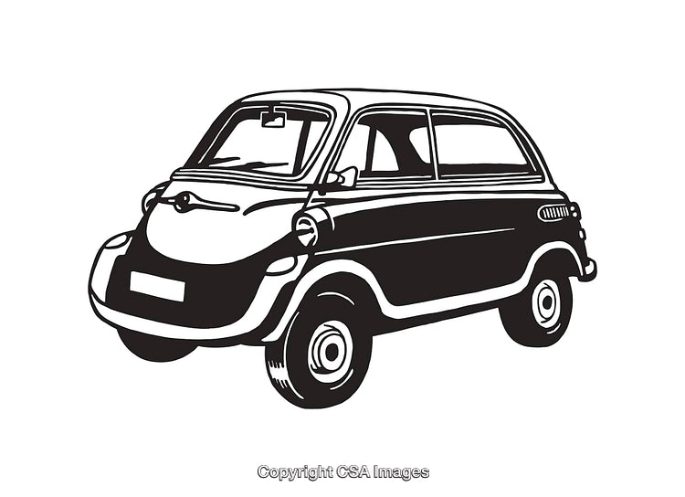 Black and White Line Art Illustration of a Small Vintage Car