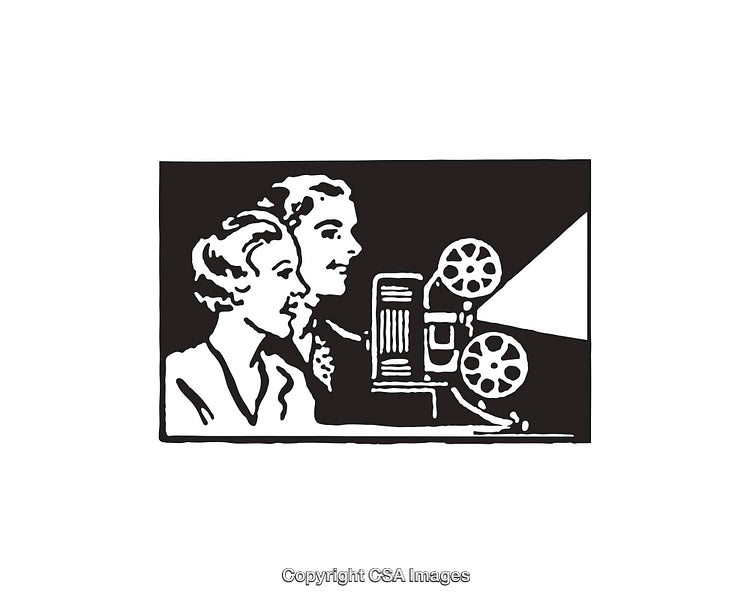 Vintage Black and White Illustration of Film Projector and People