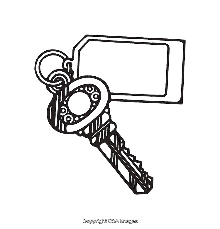 Black and White Line Art Illustration of a Key and Key Tag
