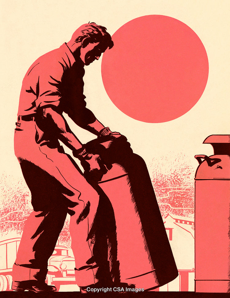 Vintage Styled Illustration of a Worker Lifting a Large Cylinder in a Factory
