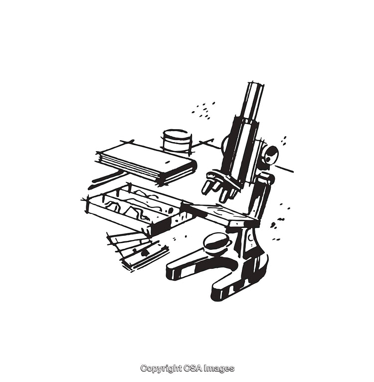 Black and White Illustration of Laboratory Microscope and Accessories
