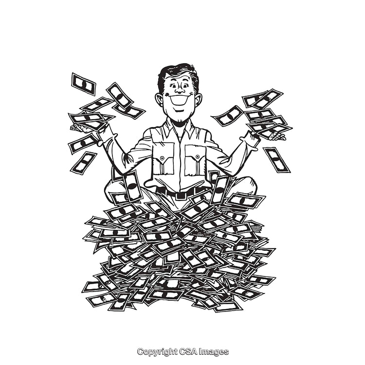 Cartoon Man Surrounded by Money in Black and White Line Art Illustration