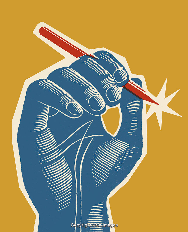 Illustrated Hand Holding Pencil on Yellow Background with a Spark Effect
