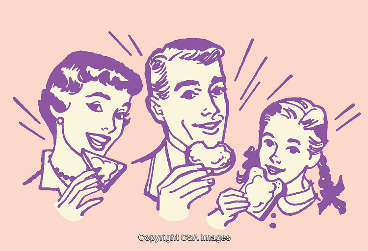Retro Styled Family Enjoying Sandwiches Together in Pastel Toned Illustration