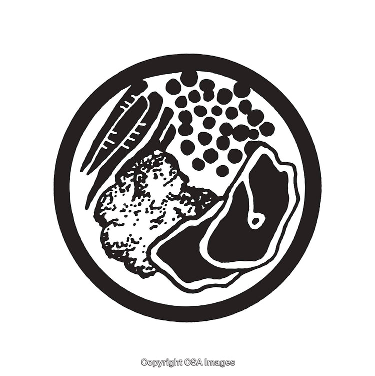 Black and White Line Art Illustration of a Food Plate with Meals
