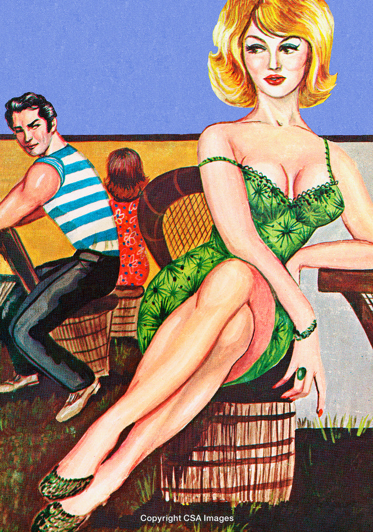Retro Illustration of Elegant Woman in a Green Dress at Outdoor Seating