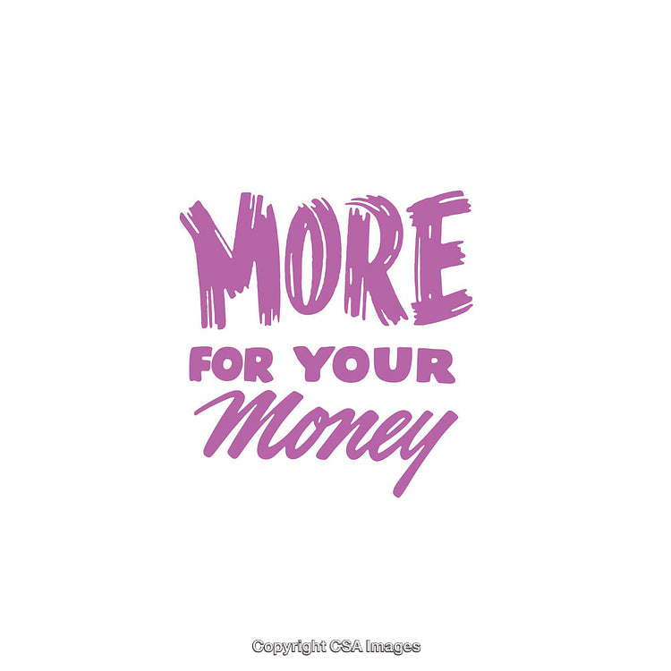 Purple Lettering Promoting Value and Savings on a White Background