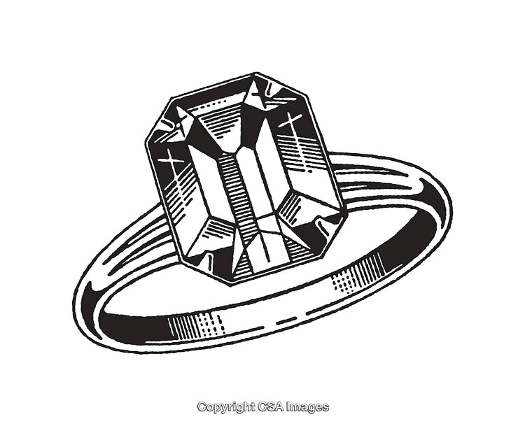 Vintage Black And White Line Art of a Ring With a Gemstone