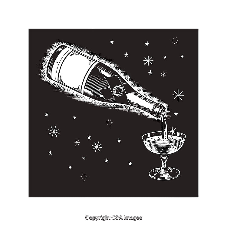 Elegant Black-And-White Line Art of Champagne Pouring Into Glass