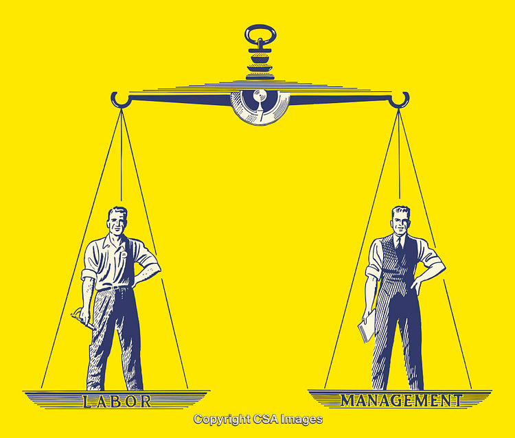 Vintage Illustration of Labor and Management on Balanced Scales