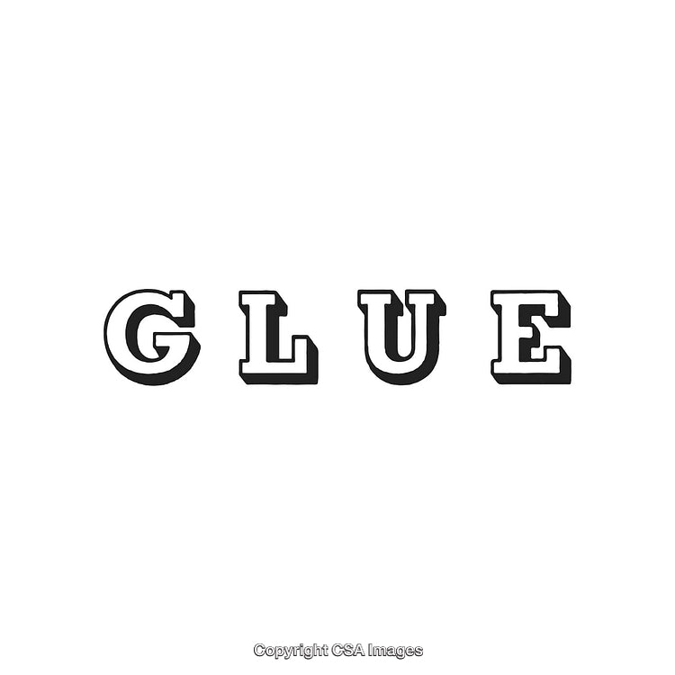 Stylized 3D Black and White Typography of the Word 'Glue' on White Background