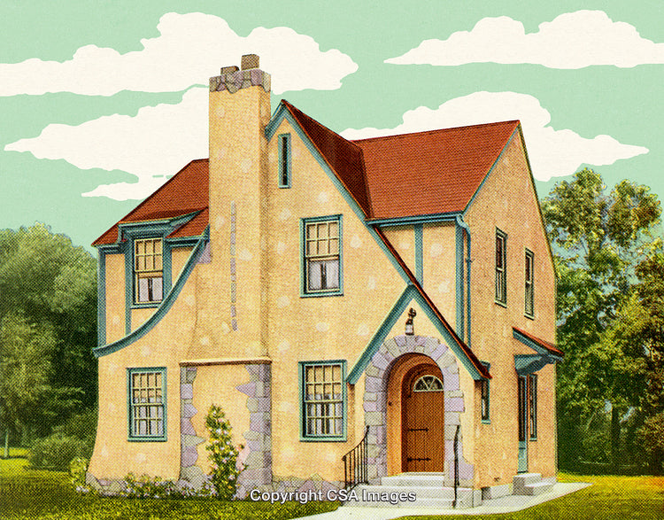 Vintage Illustration of a Cottage Style House with Charming Details
