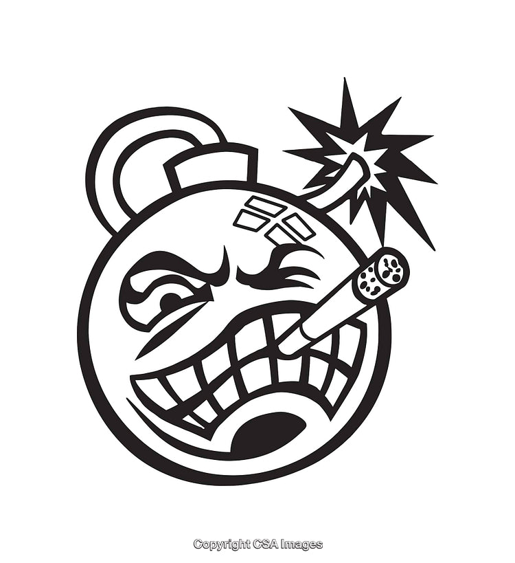 Black and White Illustration of an Angry Cartoon Bomb with Dynamic Expression