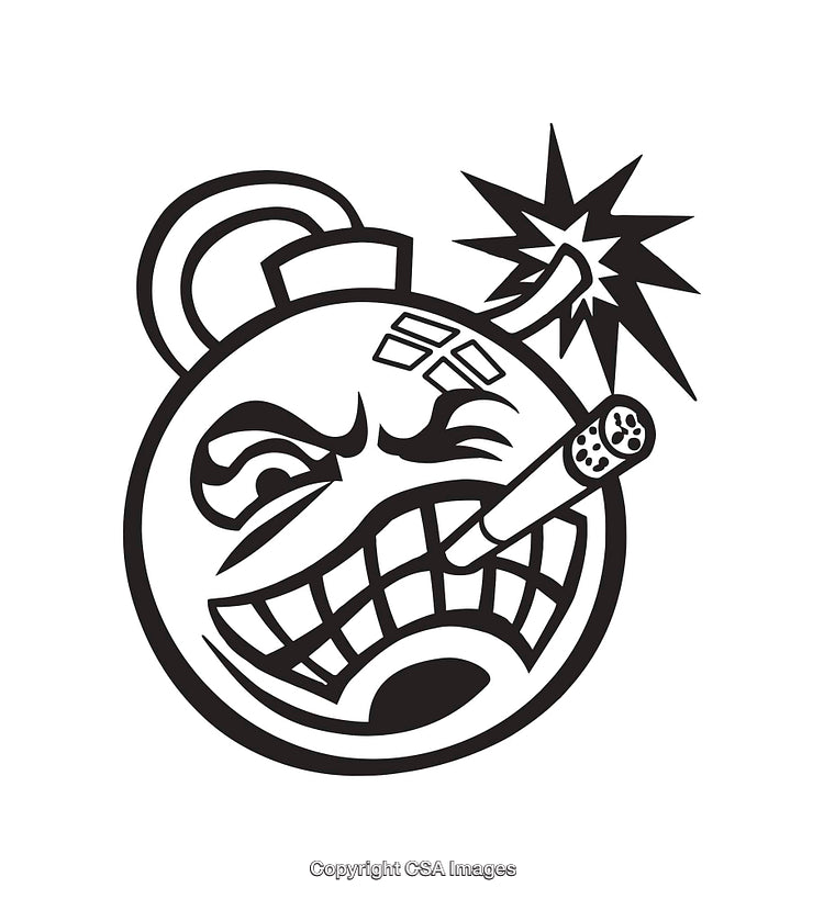 Black and White Illustration of an Angry Cartoon Bomb with Dynamic Expression