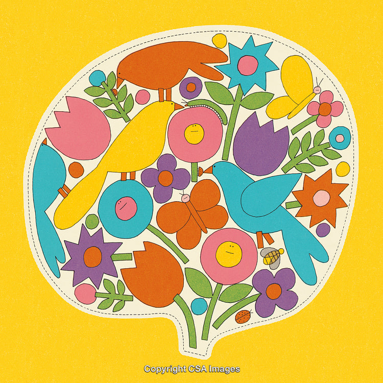 Colorful Artistic Illustration of Birds and Flowers in a Patterned Style