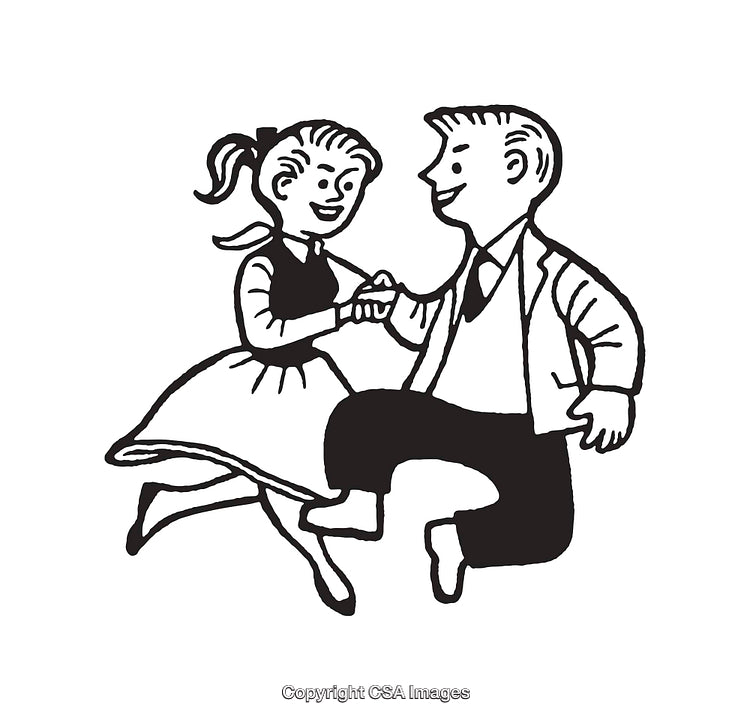Retro Line Art Illustration of a Happy Dancing Couple